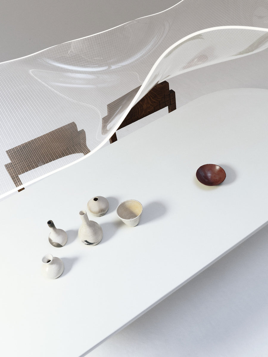 Mesa de comedor Reye de microcemento y madera, vista lateral — Marlot Baus